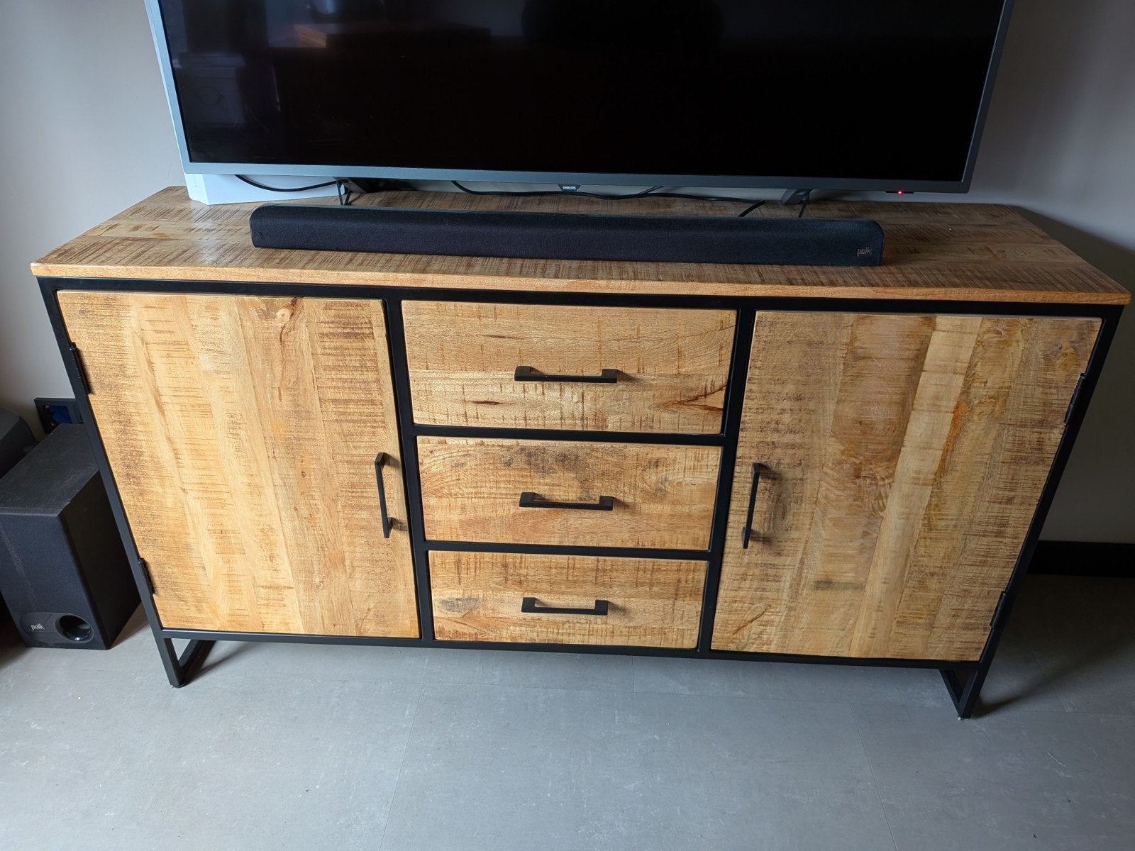 Mangohouten kast met lades en deuren - 150x42x85 cm, Ophalen, Gebruikt, 150 tot 200 cm, Met lade(s)