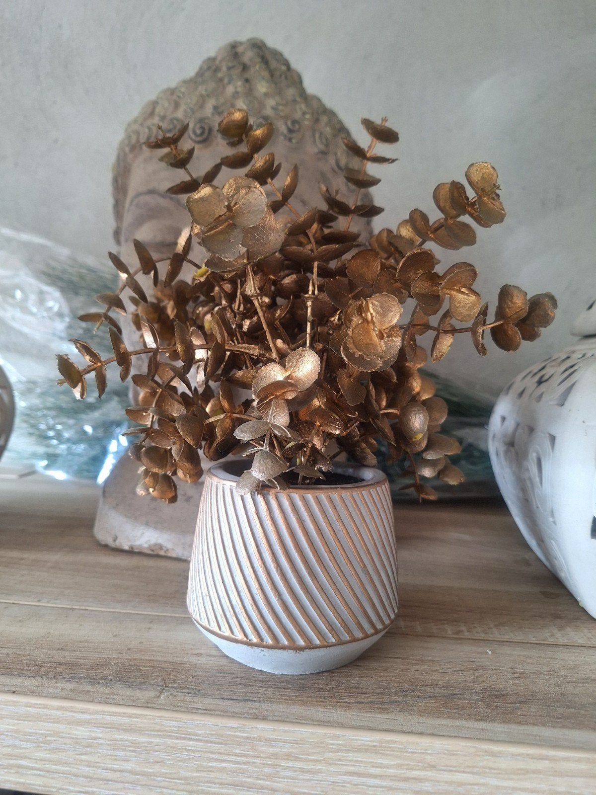 Decoratieve plant in pot, bronskleurig, Ophalen of Verzenden, Zo goed als nieuw, Steen/keramiek, Goud
