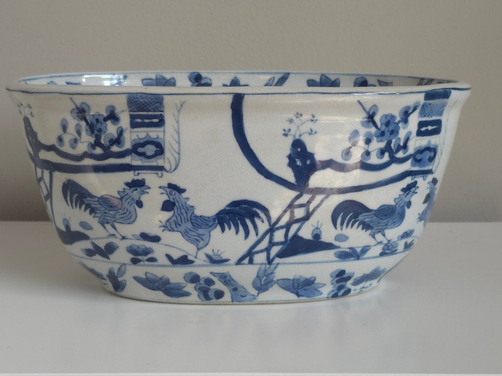 Chinese Blauw Wit Porseleinen Waskom met Hanen, Ophalen of Verzenden