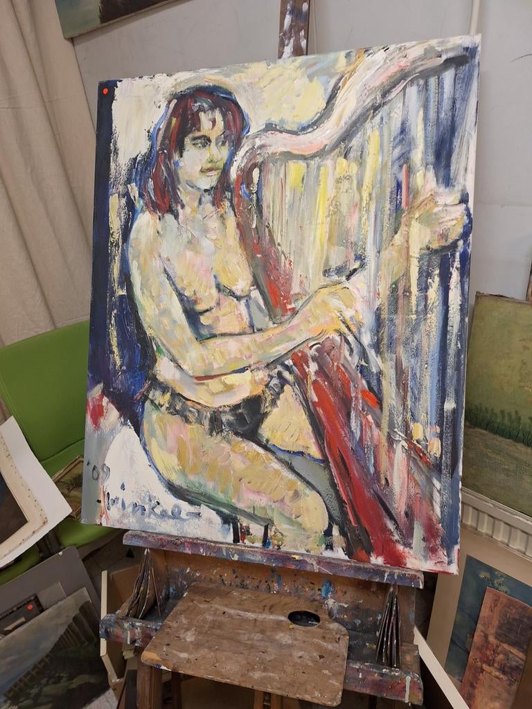 Schilderij naakt met harp - van arjen winkel, Antiek en Kunst, Ophalen