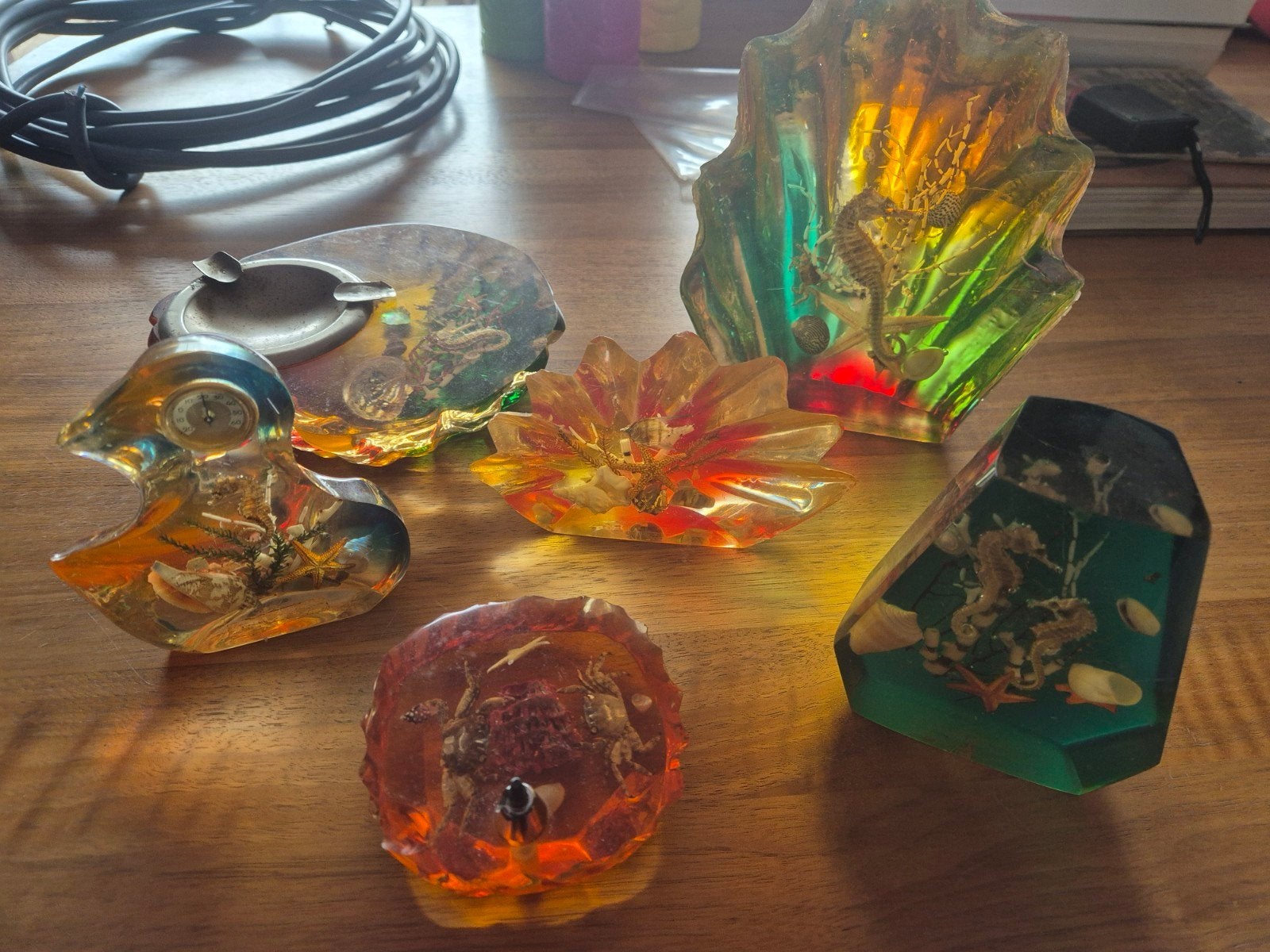 Vintage hars objecten met zeepaardjes, schelpen en vissen, Ophalen of Verzenden