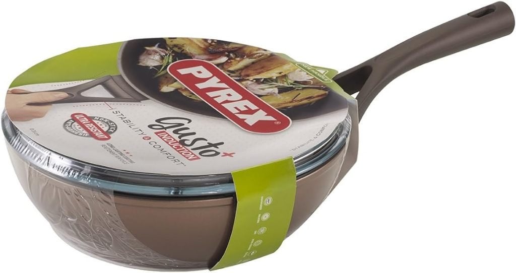 Hapjespan met glazen deksel – 26 cm Pyrex Gusto+ | Nieuw, Huis en Inrichting, Ophalen of Verzenden, Geschikt voor inductie, Sauteerpan