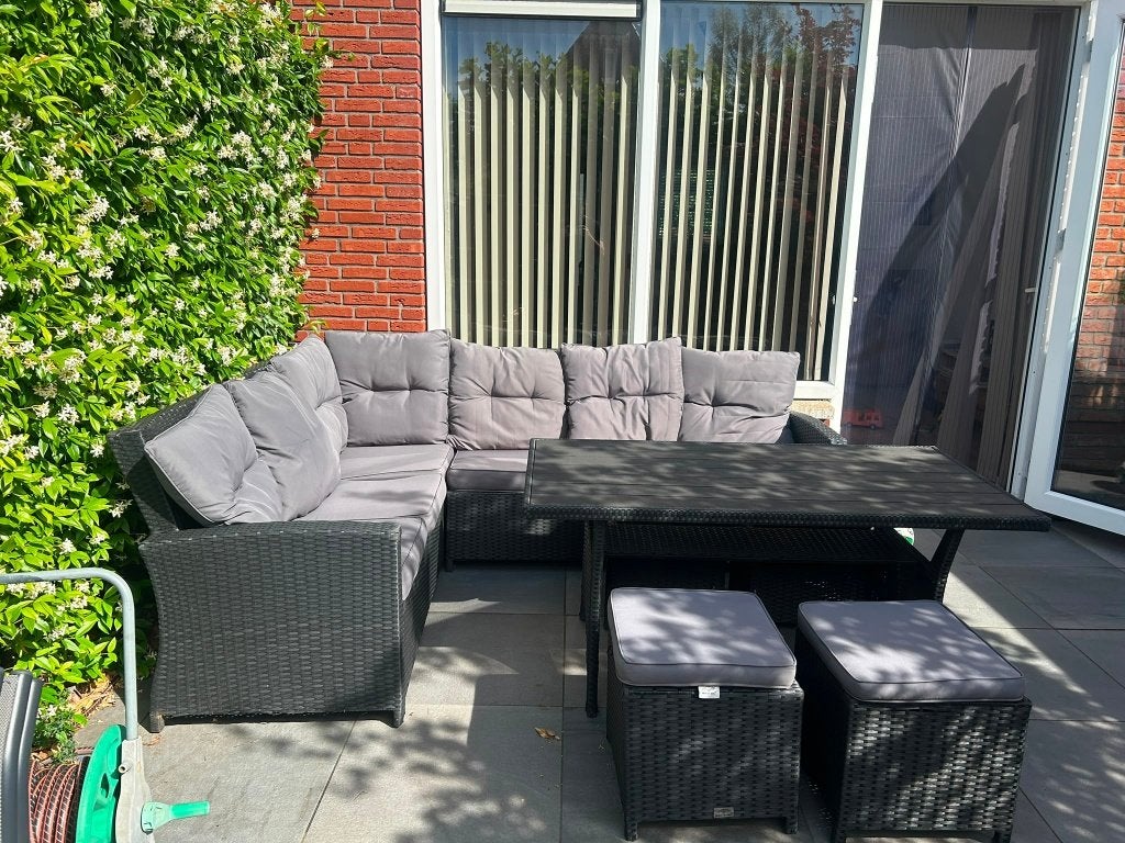 Tuinset loungebank met tafel en krukjes, Ophalen, Gebruikt, Bank, Meer dan 8 zitplaatsen