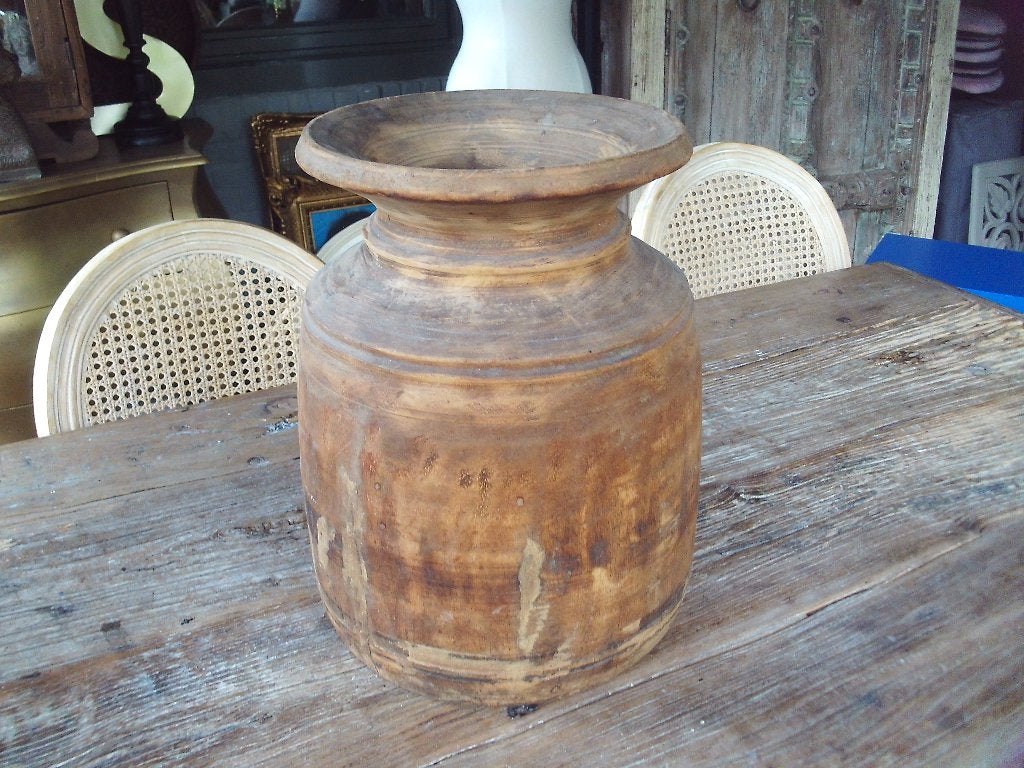 Oude Houten Kruik/Vaas/Nepalese Kruik - 39 cm hoog, Huis en Inrichting, Gebruikt, 39 cm, Ophalen of Verzenden, Hout