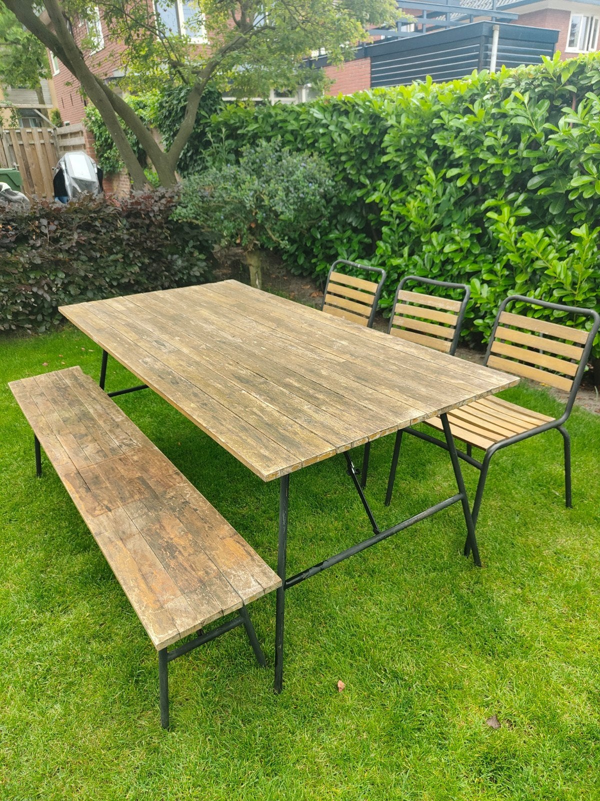 Tuinset teakhout en metalen frame, Ophalen, Gebruikt, 6 zitplaatsen, Teakhout