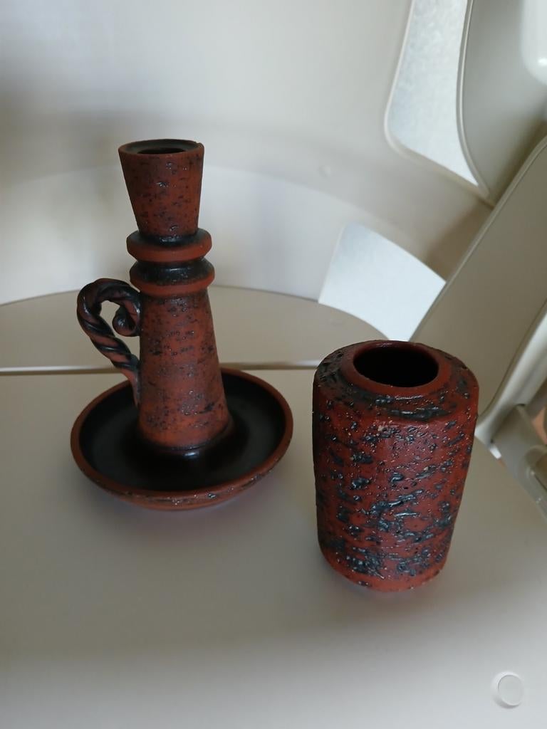 Berkenbast vaasje en kandelaar rood, bruin, Ophalen of Verzenden, Keramiek of Aardewerk
