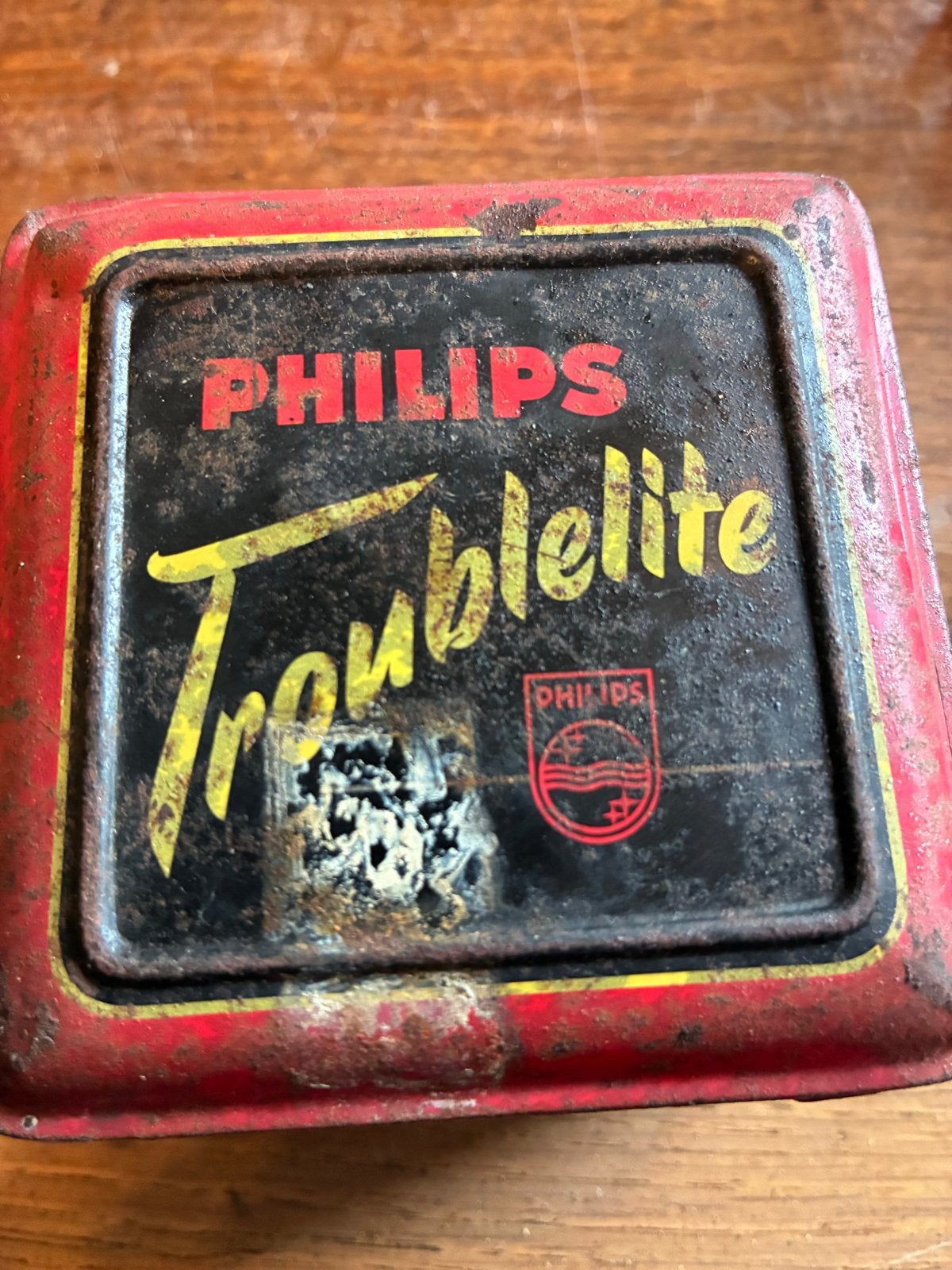 Vintage Philips Troublelite lamp in blikken doosje, Antiek en Kunst, Ophalen of Verzenden