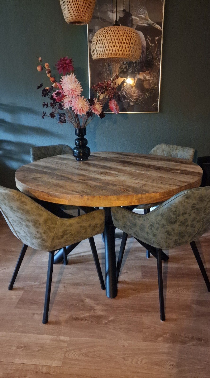 Ronde mangohouten eettafel met metalen onderstel, Gebruikt, Rond, Vier personen, Industrieel, Modern, Landelijk