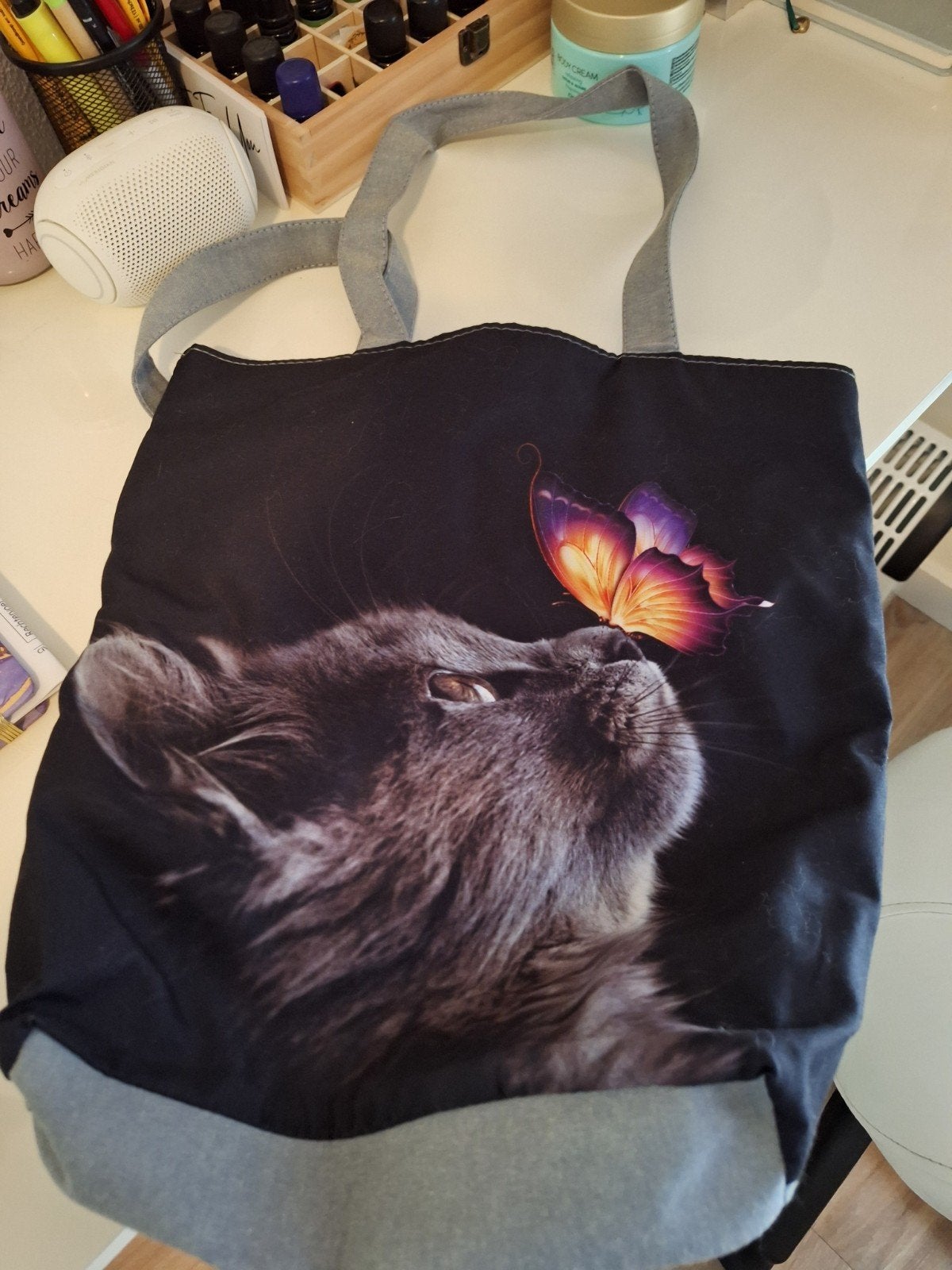 Leuke grijze tas met kattenprint en rits, nieuw, Ophalen of Verzenden, Nieuw