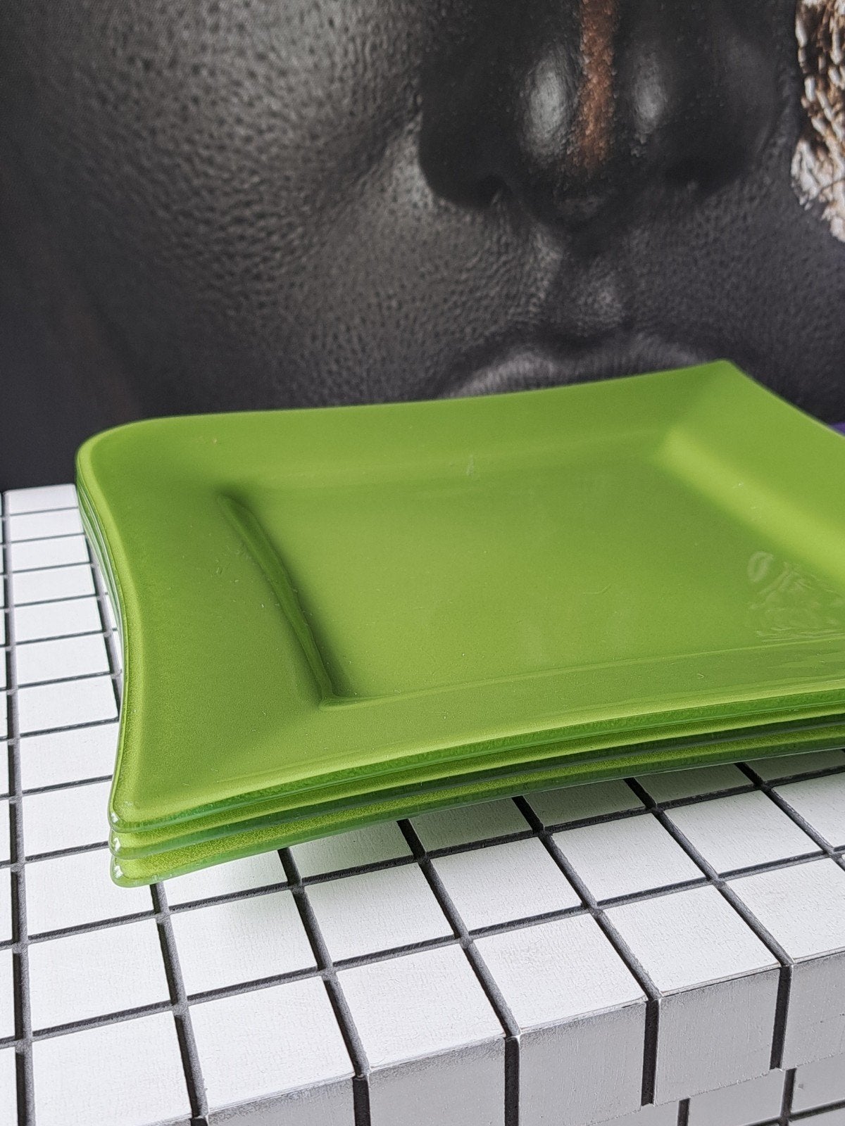 Ritzenhoff & Breker vintage groene vierkante XL borden 3 set, Gebruikt, Ophalen of Verzenden, Glas, Bord(en)