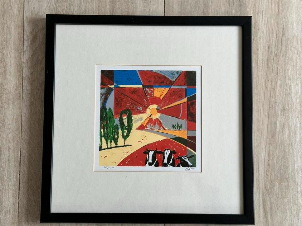 Litho schilderij Ingo leth Landschap met 3 koeien 43/43 cm, Ophalen of Verzenden