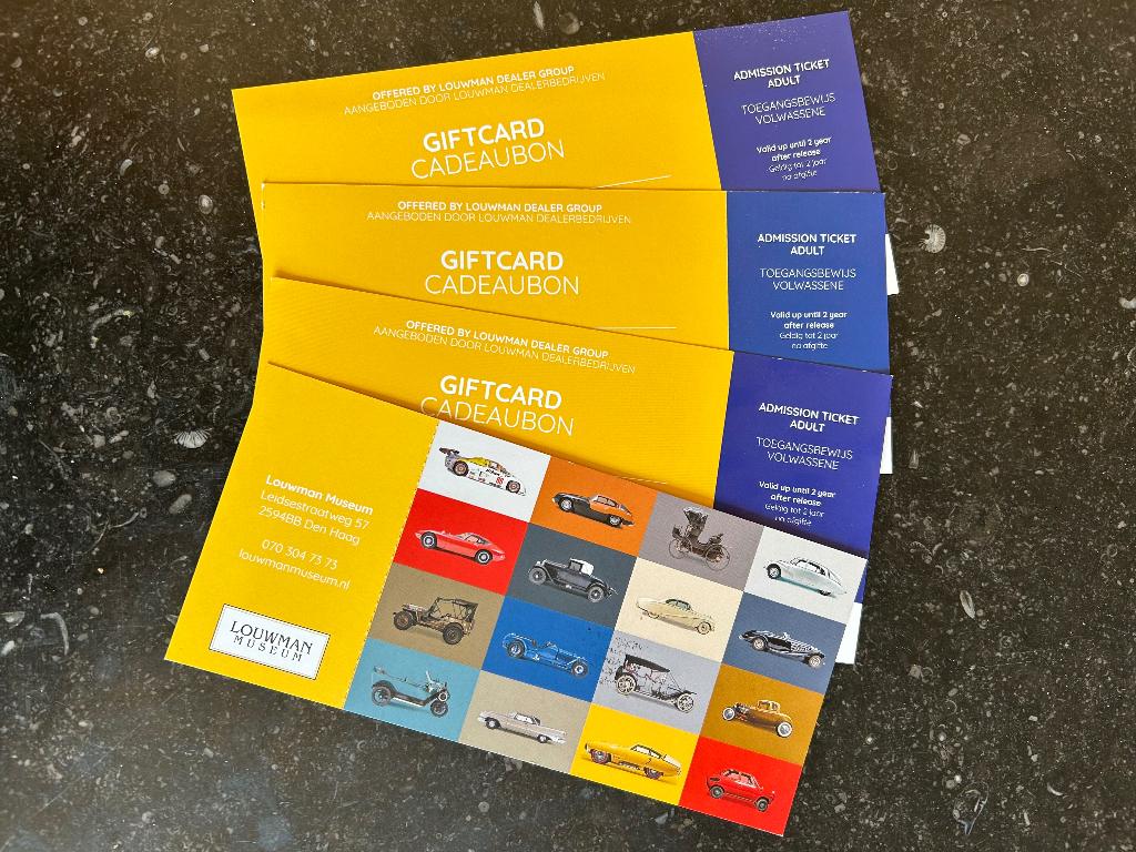 Louwman Museum Tickets  4 stuks, Drie personen of meer, Ticket of Toegangskaart