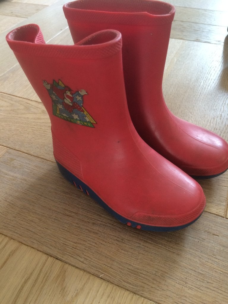 Leuke rood/blauwe laarsjes van Hevea met opdruk clown mt 22, Gebruikt, Meisje, Ophalen of Verzenden, Laarzen