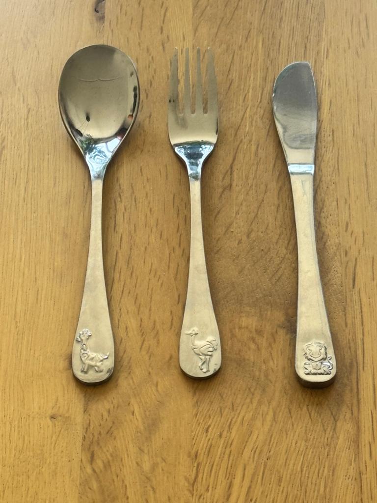 Zilver kinderbestek mes, vork, lepel met safari print, Ophalen of Verzenden, Zilver