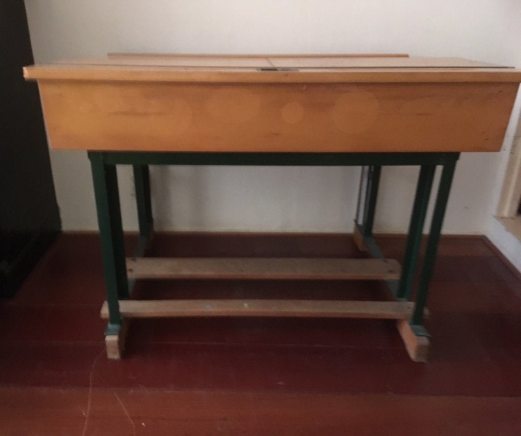Houten Vintage schoolbankje met 2 afgesloten klepkastjes., Ophalen, Gebruikt, Overige typen