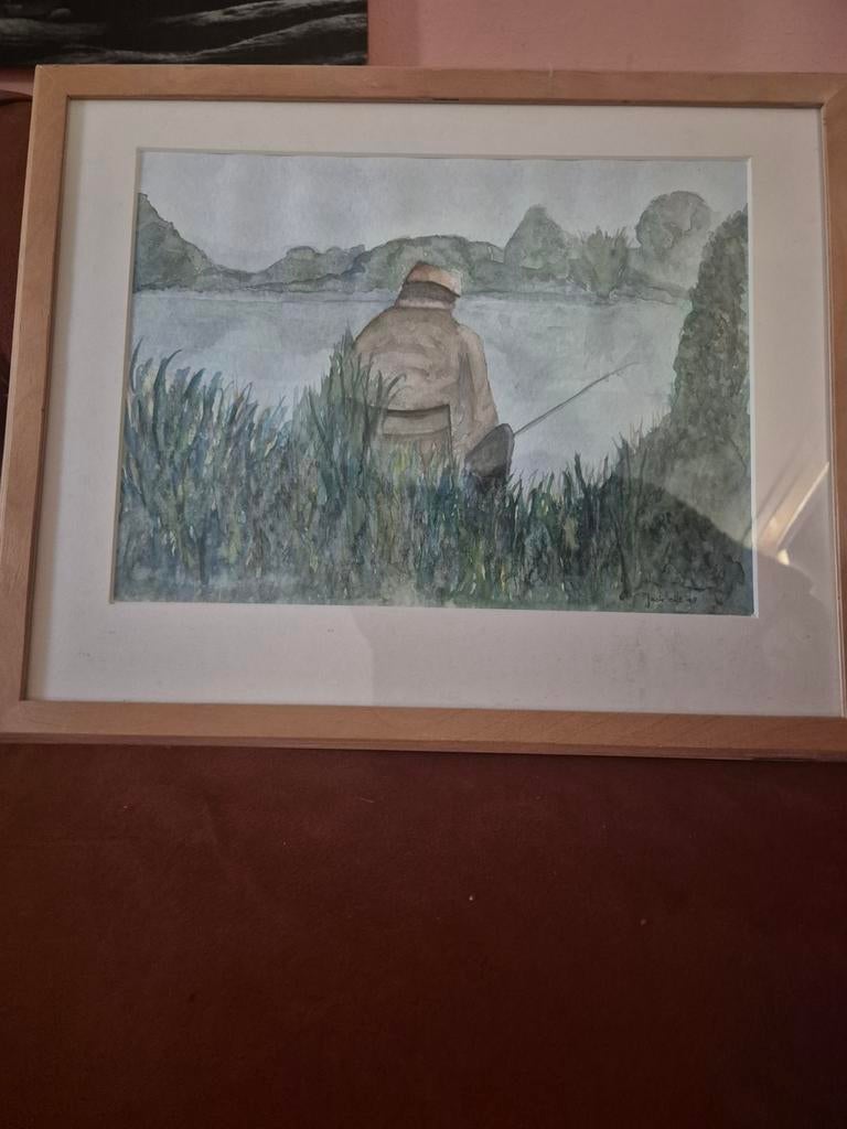 Schilderij visser aan het water - Jack okt '98, Antiek en Kunst, Kunst | Tekeningen en Foto's, Ophalen of Verzenden