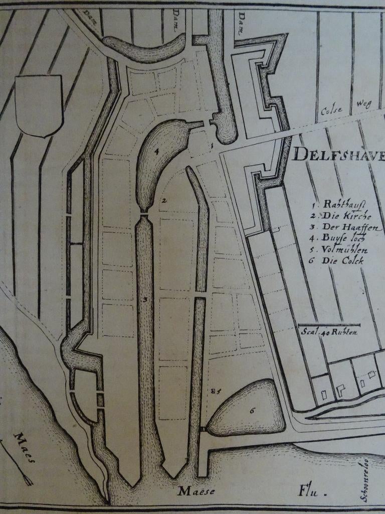 Dubbelgravure plattegrond Delfshaven en Brielle Merian 1670, Verzenden, Cartografie, 1600 - 1699, Gravure