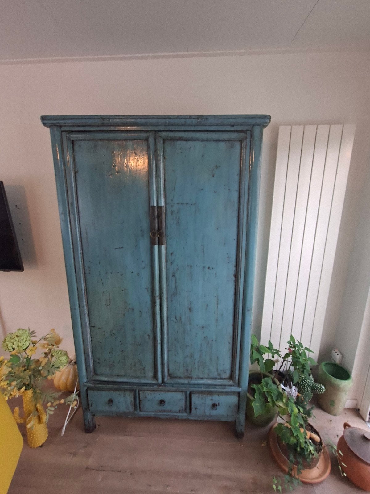 Antieke Chinese kast, turquoise, met 2 lades, Ophalen of Verzenden