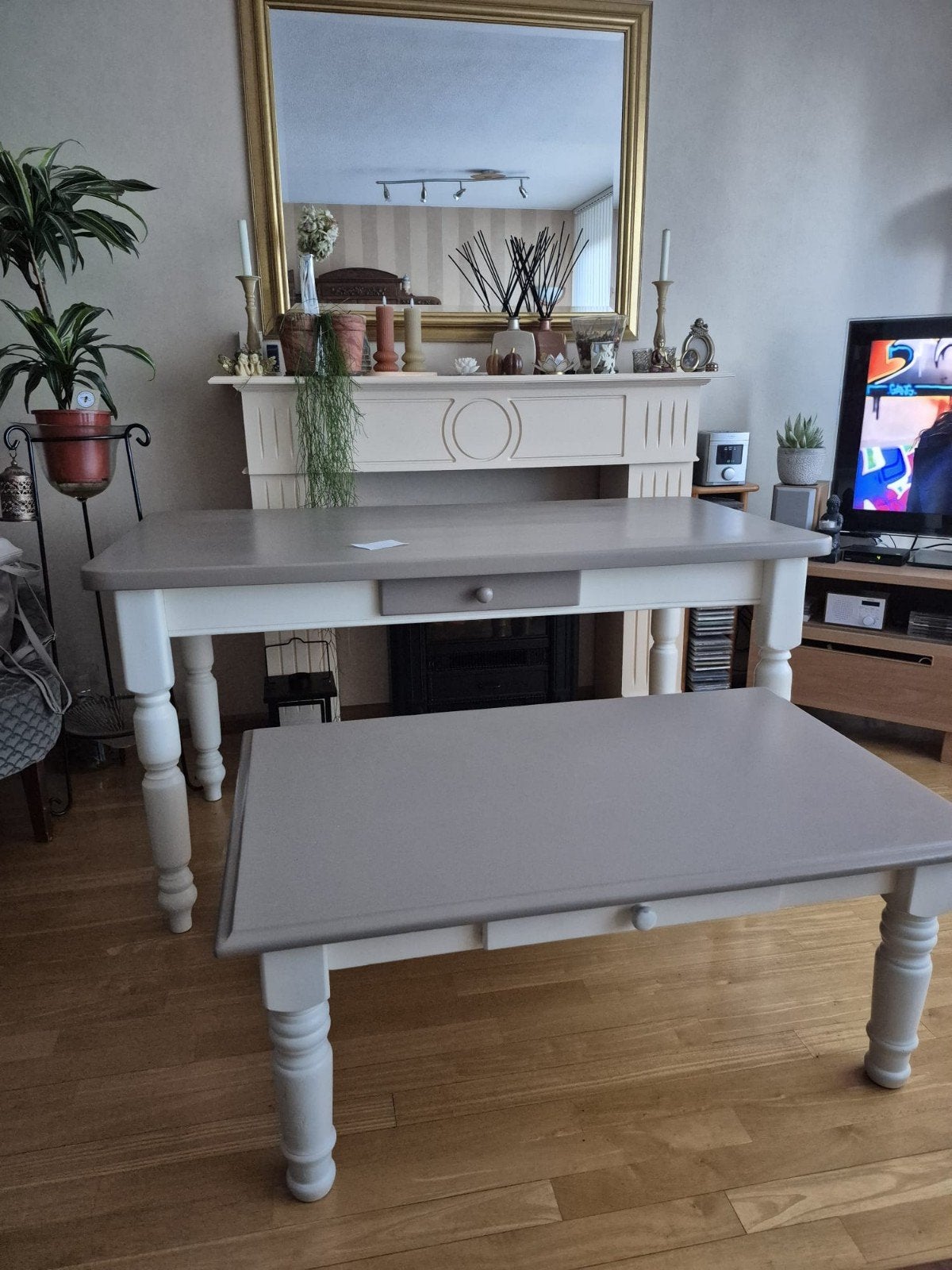 vintage salontafel met lade .       taupe /gebr.wit, Ophalen, Gebruikt, Rechthoekig