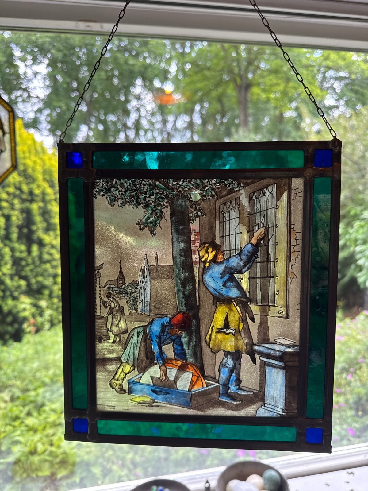 Antiek Glas-in-lood Raamhanger - Ambachtelijke Scène, Ophalen