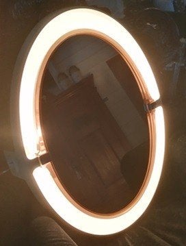 Vintage ovale Allibert spiegel met verlichting uit jaren 70, Minder dan 50 cm, Gebruikt, Ophalen of Verzenden, Minder dan 100 cm
