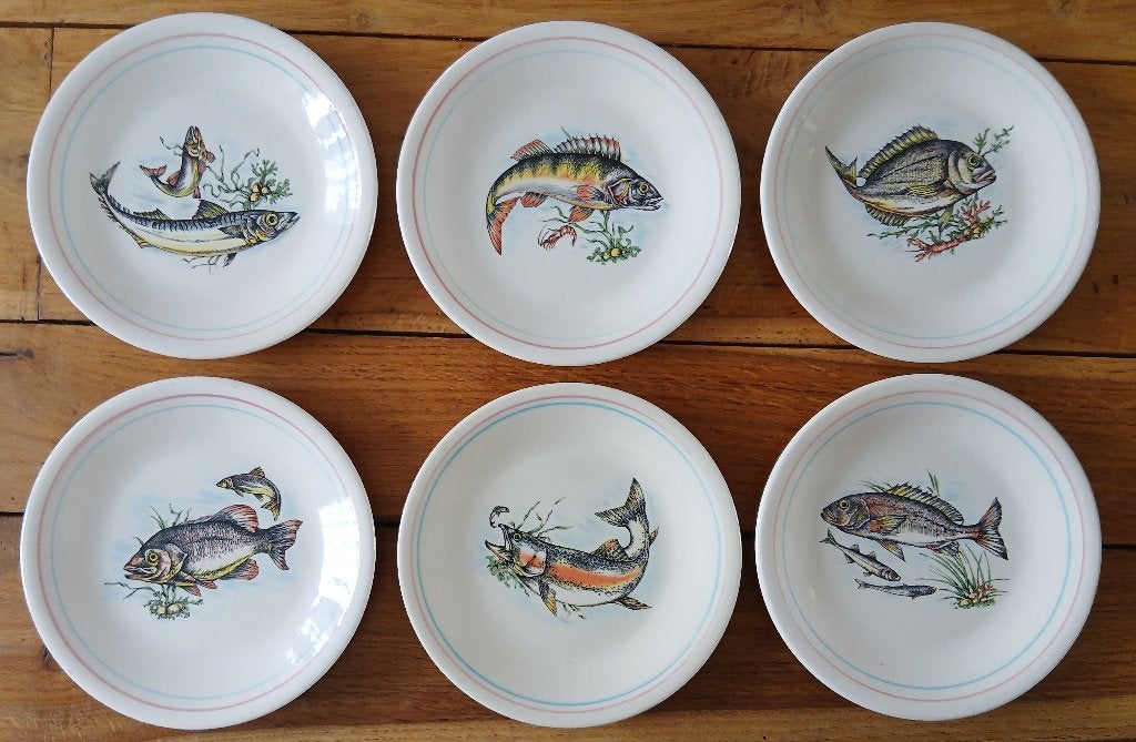 Set van 6 vintage visborden, Ceramica Castellania, Italy, Overige merken, Keramiek, Ophalen of Verzenden, Zo goed als nieuw