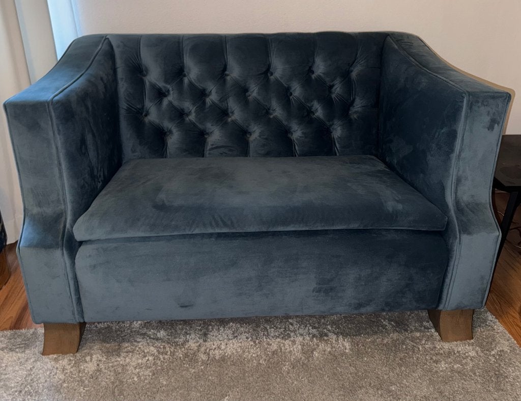 Blauwe loveseat, Huis en Inrichting, Banken | Sofa's en Chaises Longues, Ophalen, Tweepersoons, 75 tot 100 cm, Zo goed als nieuw
