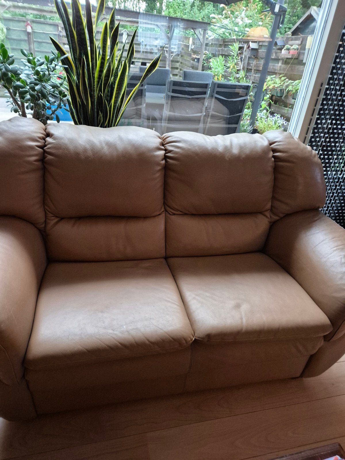 Comfortabele leren banken - 2-zits  en 3 zits, Gebruikt, Ophalen of Verzenden, Rechte bank, 200 tot 250 cm