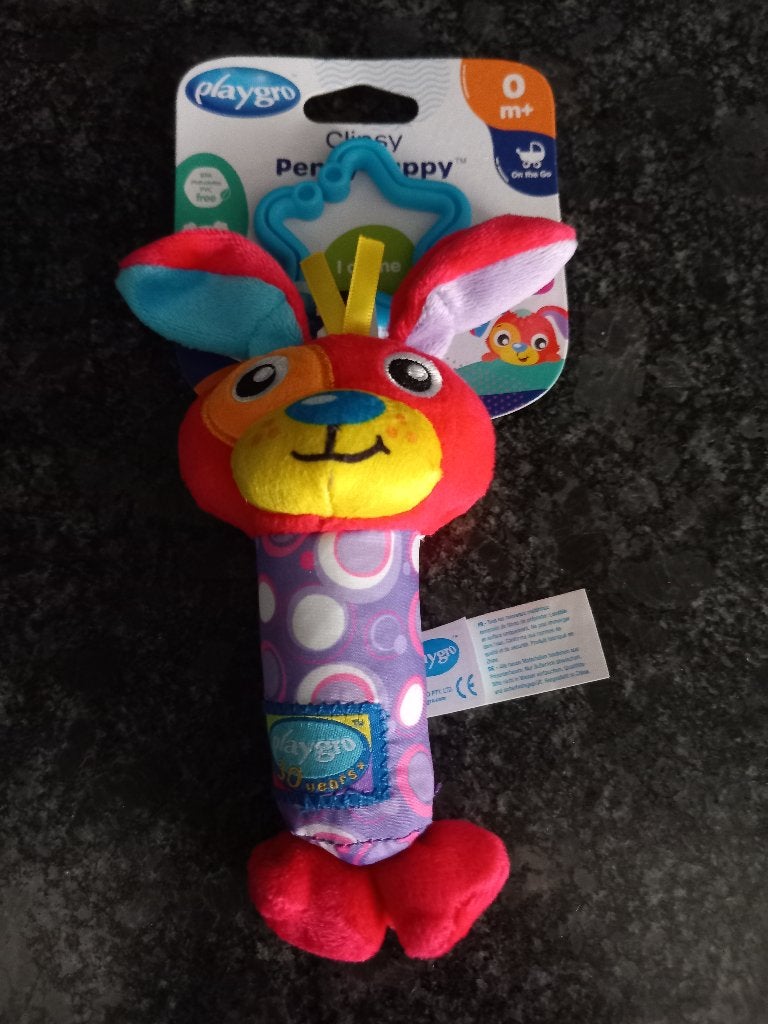 Playgro Penny Puppy 0+ rammelaar met clip spiksplinternieuw!, Ophalen of Verzenden, Nieuw, Rammelaar, Met geluid