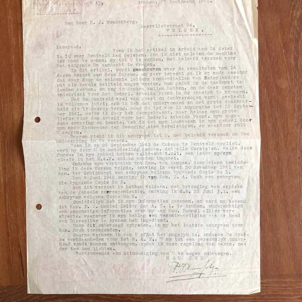 NSB 27-7-1942 Kwade Brief Arnhemmer aan H.J. Woudenberg,, Verzamelen, Ophalen of Verzenden, Overige soorten, Nederland, Overige typen