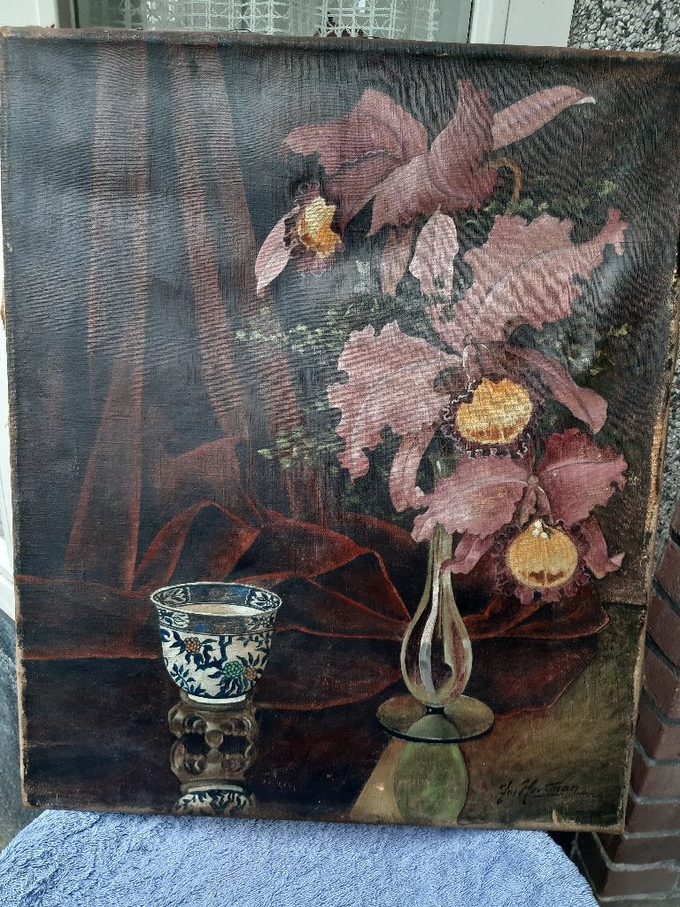 Schilderij, stilleven, erg oud, canvas, Jo Houtman handgesch, Antiek en Kunst, Ophalen, Acrylverf, Doek, Klassiek