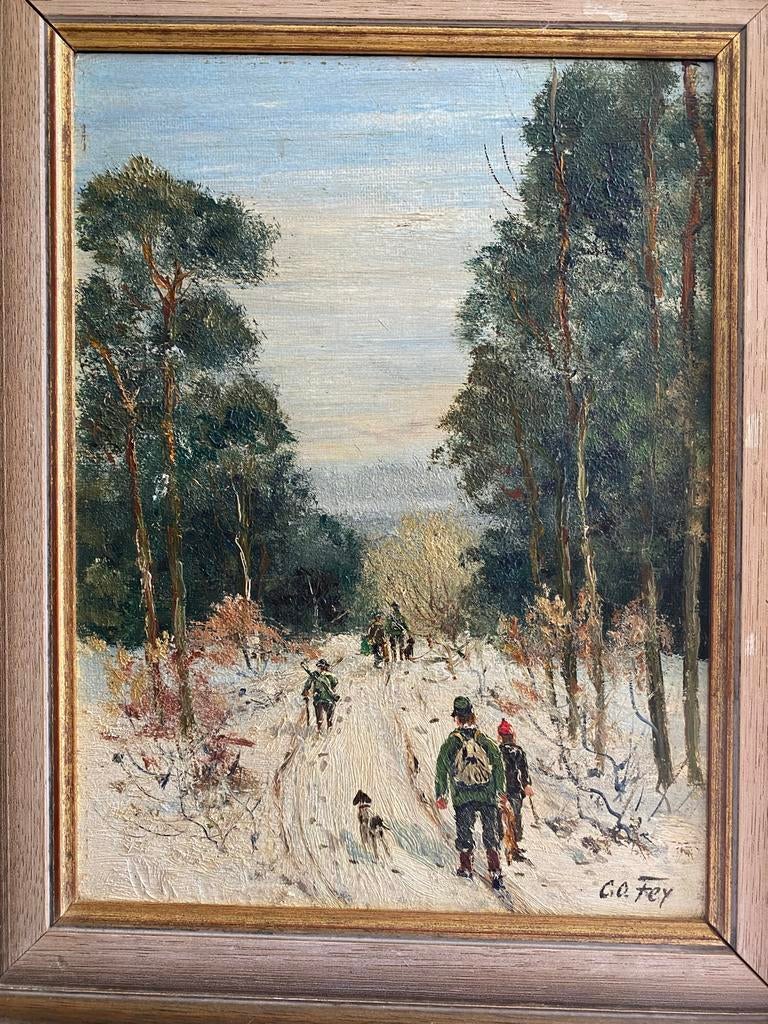 Carl Otto Fey .Schilderij winterlandschap met jagers en hond, Antiek en Kunst, Kunst | Schilderijen | Klassiek, Ophalen of Verzenden