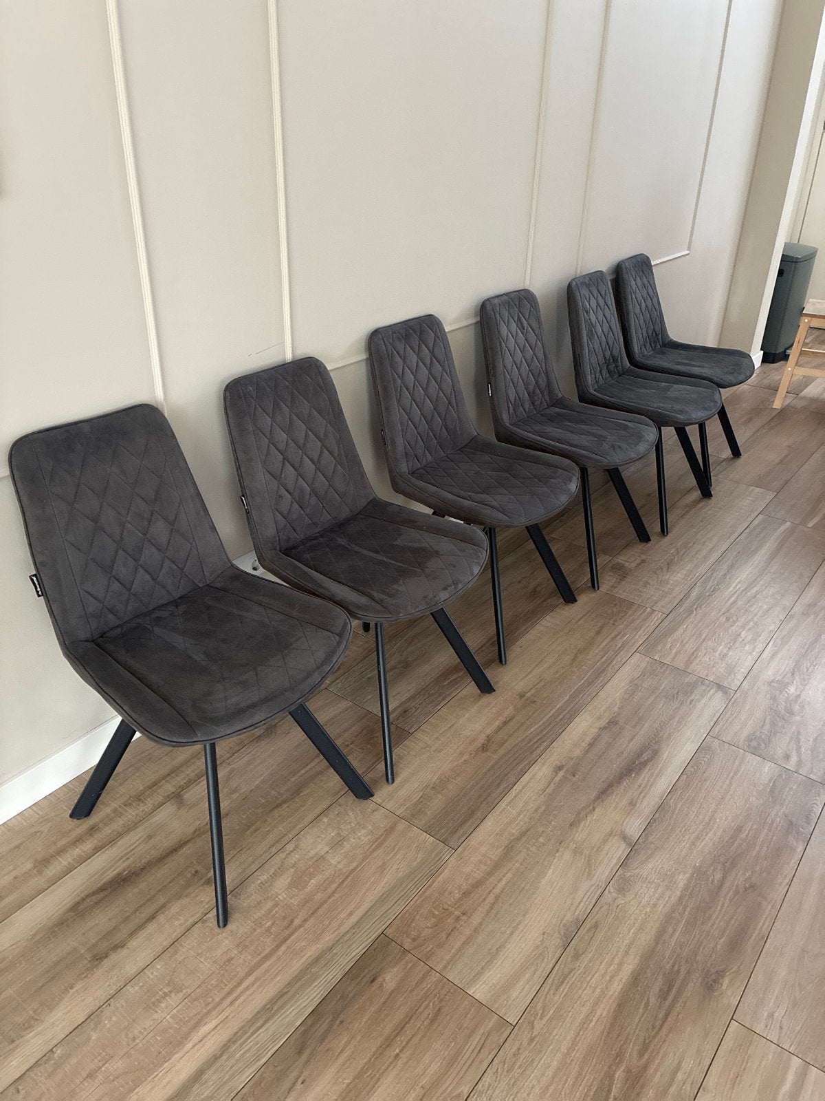 6 De Bommel eetkamerstoelen, grijs stof, Ophalen, Gebruikt, Vijf, Zes of meer stoelen, Stof