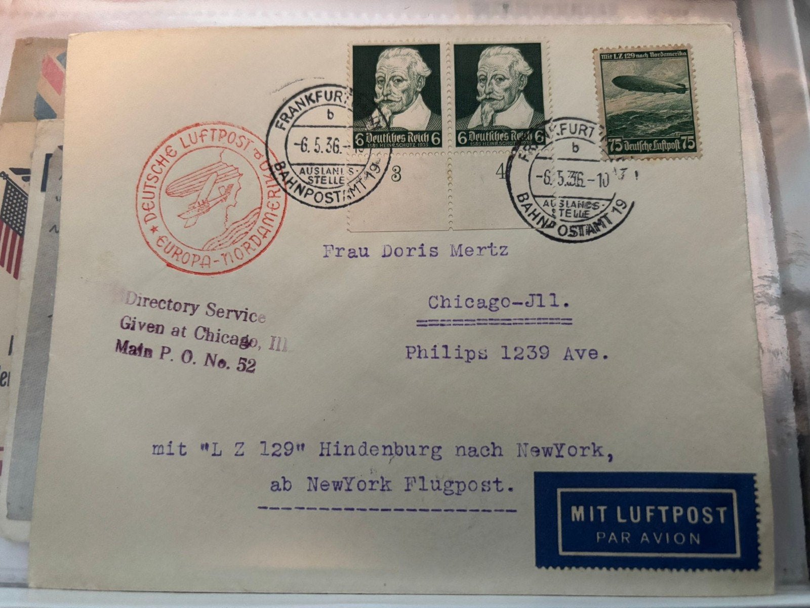 Zeldzame Hindenburg Zeppelin Luchtpostbrief 1936 to Amerika, Verzamelen, Ansichtkaarten | Buitenland, Ophalen of Verzenden