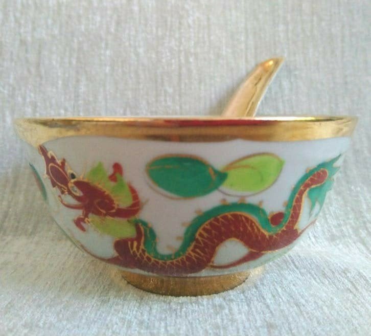 3 Chinese porseleinen kommen en lepels met draak en feniks, Antiek en Kunst, Ophalen of Verzenden