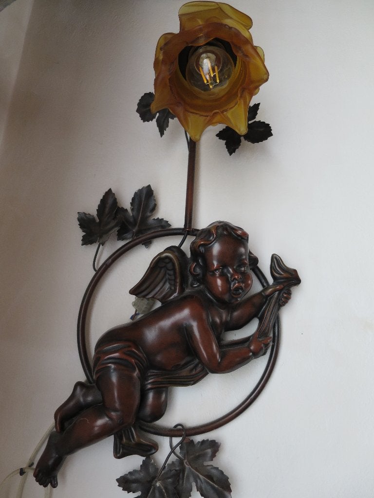 mooie goed werkende engel lamp uit resin / messing /glas 55, Antiek en Kunst, Antiek | Lampen, Ophalen of Verzenden