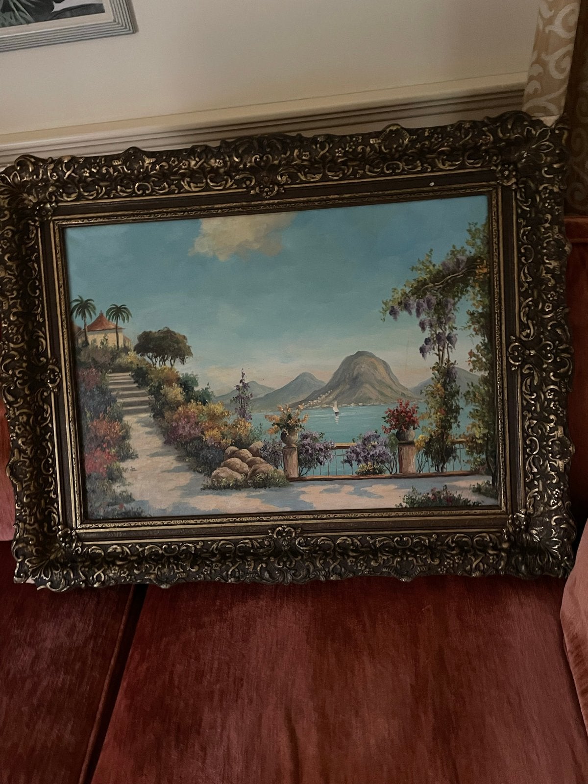 Schilderij: Mediterraan Landschap met Zeezicht en Tuin, Antiek en Kunst, Kunst | Schilderijen | Klassiek, Doek, Ophalen of Verzenden