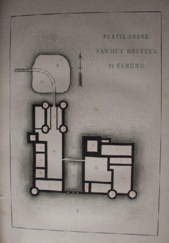 14 / Egmond  platte grond van het Kasteel  Litho 1854, Antiek en Kunst, Ophalen of Verzenden