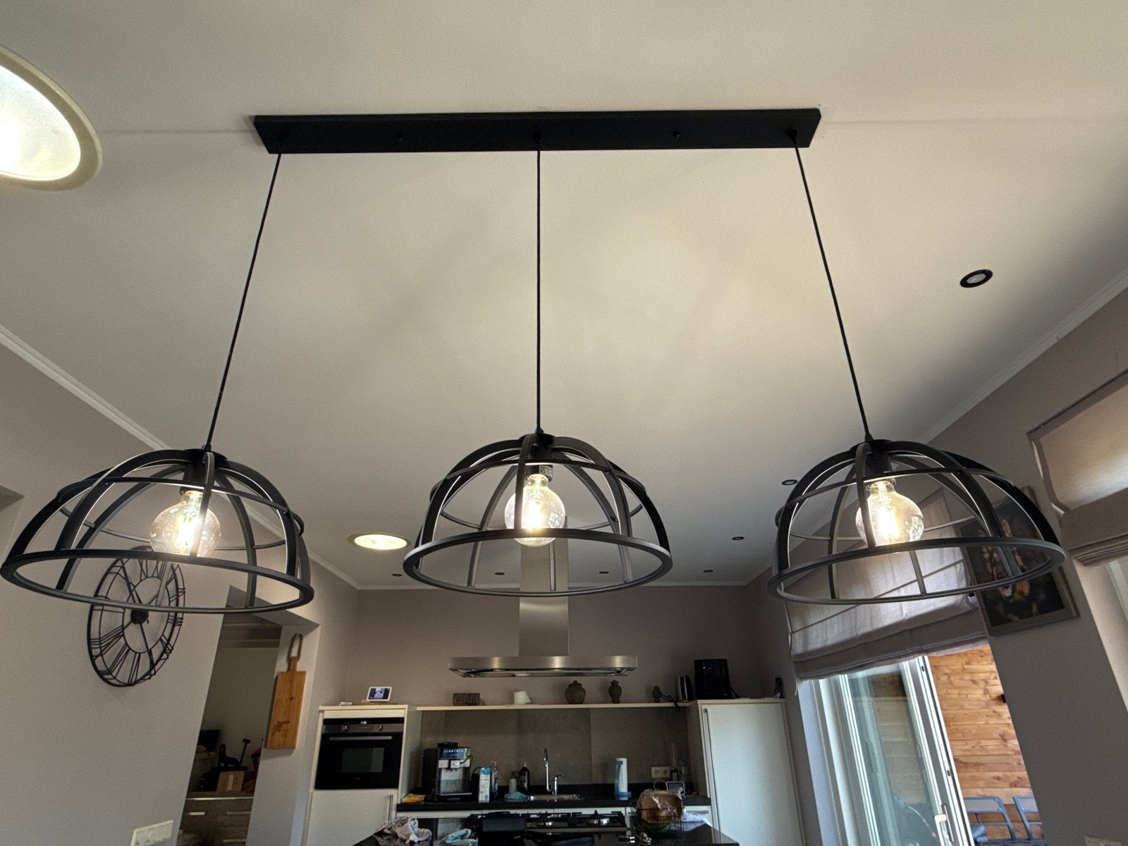 Zwarte hanglamp met 3 kappen - E27 fitting, Ophalen, Gebruikt, Metaal, E27 (groot)
