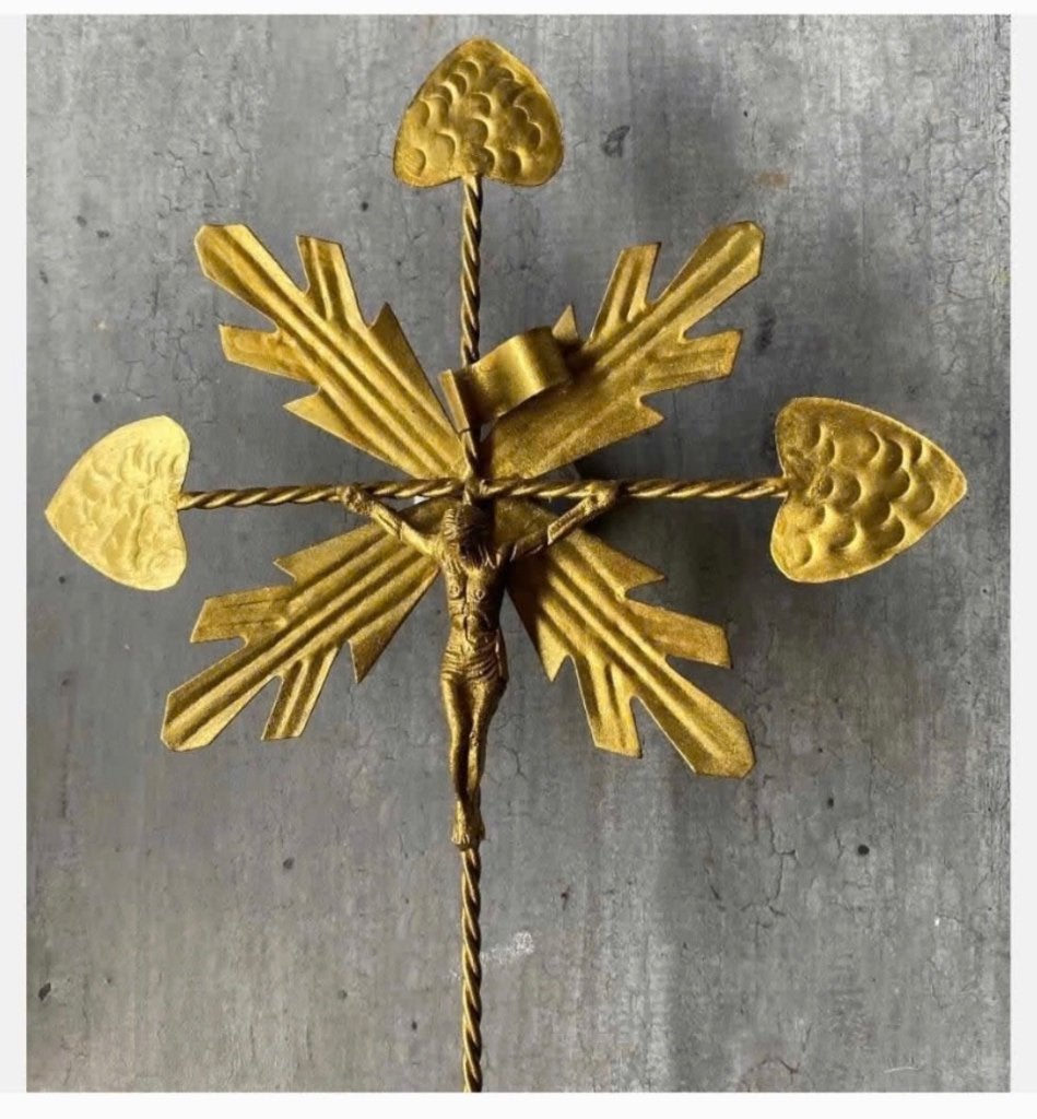 Antiek Metalen kruis, goudkleurig, 51 cm, Antiek en Kunst, Ophalen of Verzenden