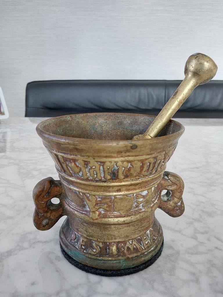 Antieke Bronzen Vijzel met stamper 1595 - Spes Mea In Deo, Ophalen of Verzenden