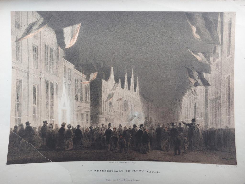4 / De Breedestraat bij Illuminatie Leiden Steendruk 1855, Ophalen of Verzenden