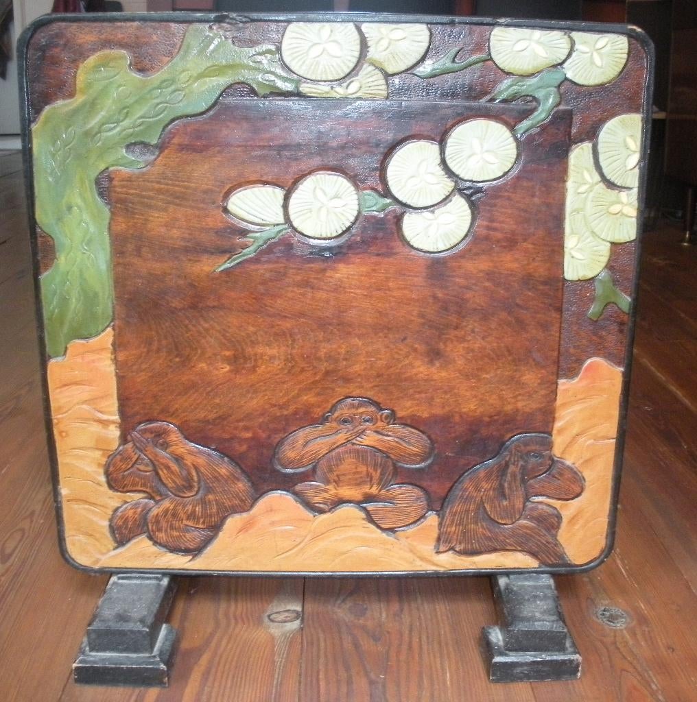 Antiek Japanse Woodcarved Reliëf Tafelblad 1900 Liberty & Co, Antiek en Kunst, Ophalen of Verzenden