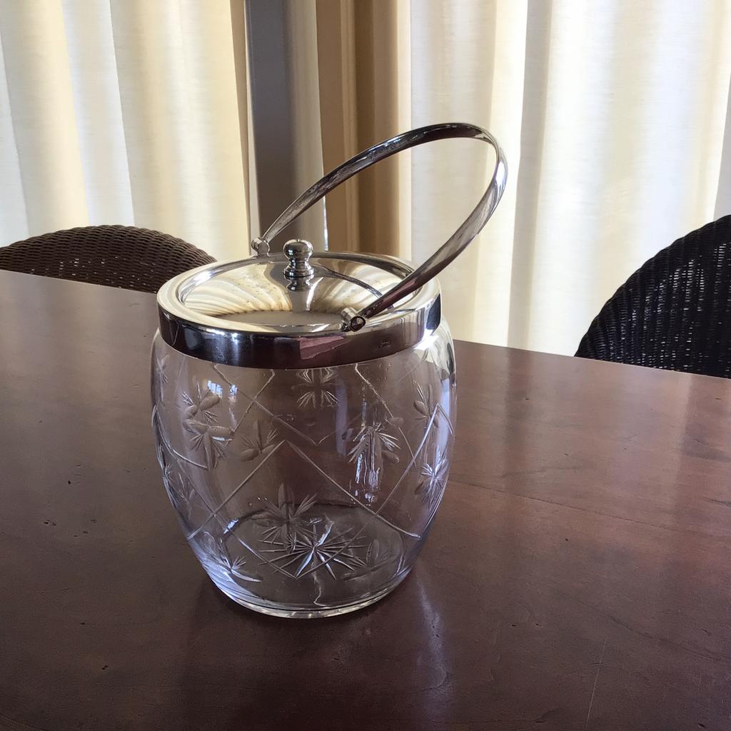 Glazen pot met verzilverde rand en deksel - oud Engels, Ophalen of Verzenden