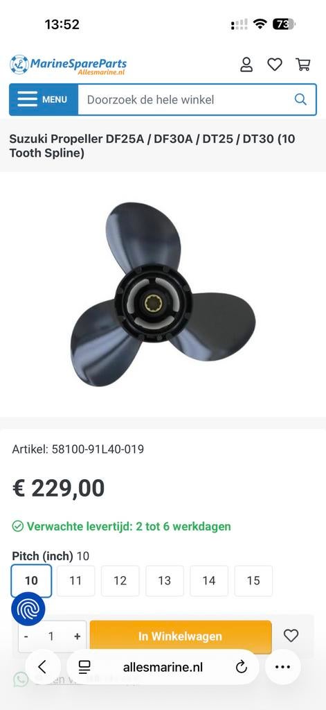 Schroef propeller Suzuki 25 en 30pk viertakt bbmotor NIEUW!, Watersport en Boten, Bootonderdelen, Ophalen of Verzenden, Nieuw