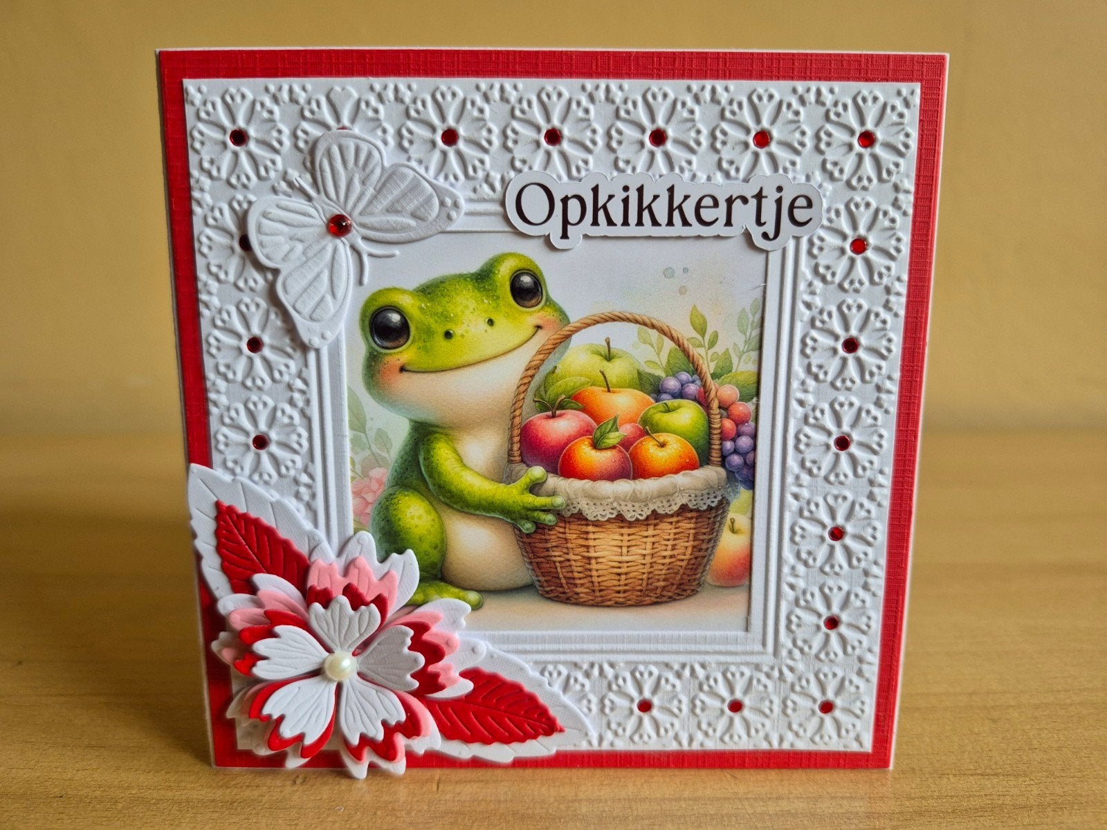 344a) zelfgemaakte kaart- opkikkertje (mand met fruit), Ophalen of Verzenden, Nieuw