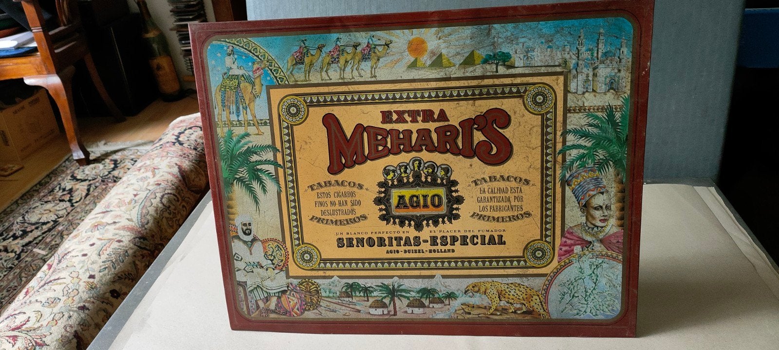 Vintage reclamebord Agio Mehari's Senoritas-Especial, Ophalen