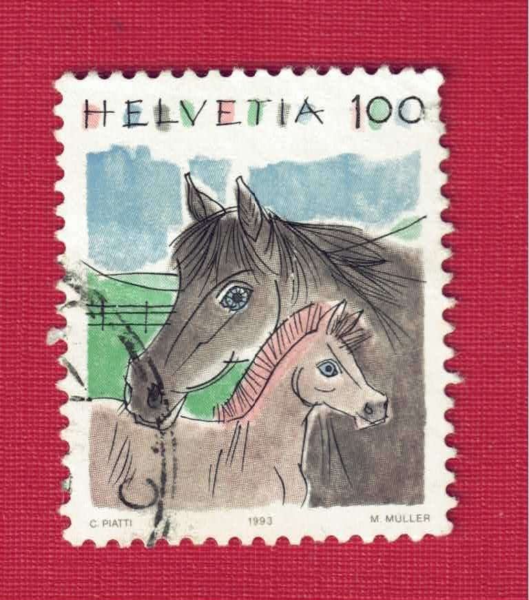 Fauna - Dieren - Paarden - Zwitserland 100 - Merrie + veulen, Postzegels en Munten, Postzegels | Thematische zegels, Ophalen of Verzenden