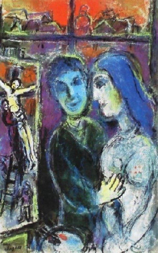 Marc Chagall(1887)Kleur Zink Ets "Paar aan Venster " Gen Ges, Ophalen of Verzenden