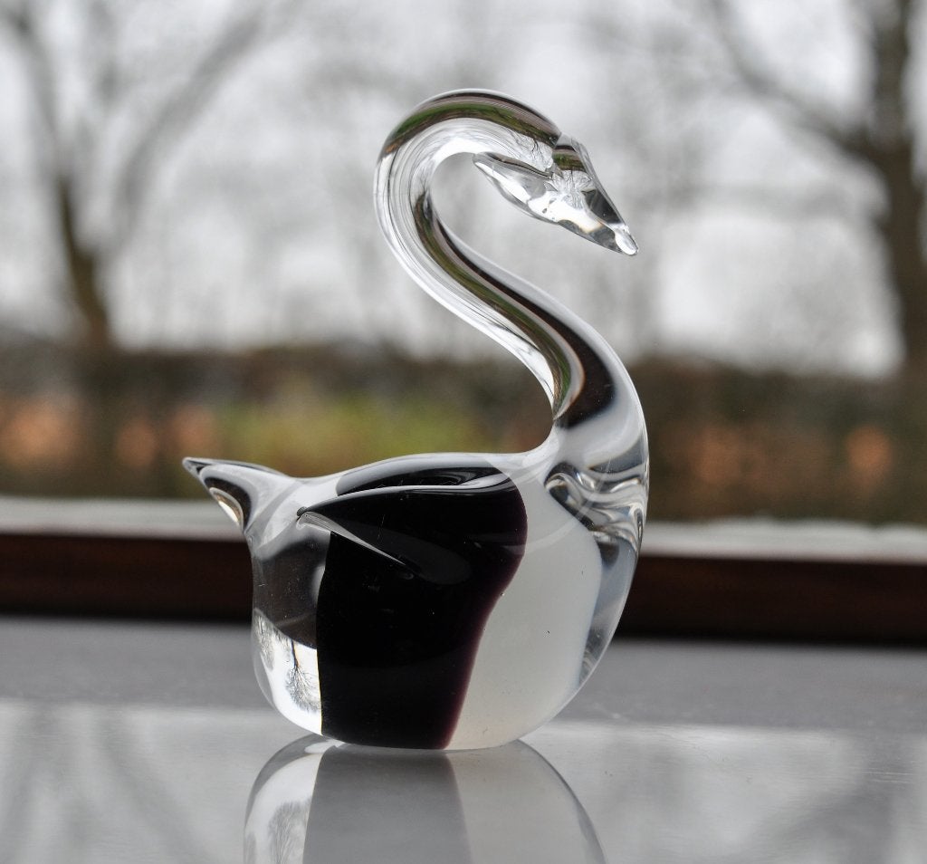 Vintage Beeldje Murano Zwaan Helder Wit Zwart Glas Opal 10cm, Verzamelen, Ophalen of Verzenden, Zo goed als nieuw, Vogel, Beeldje of Figuurtje